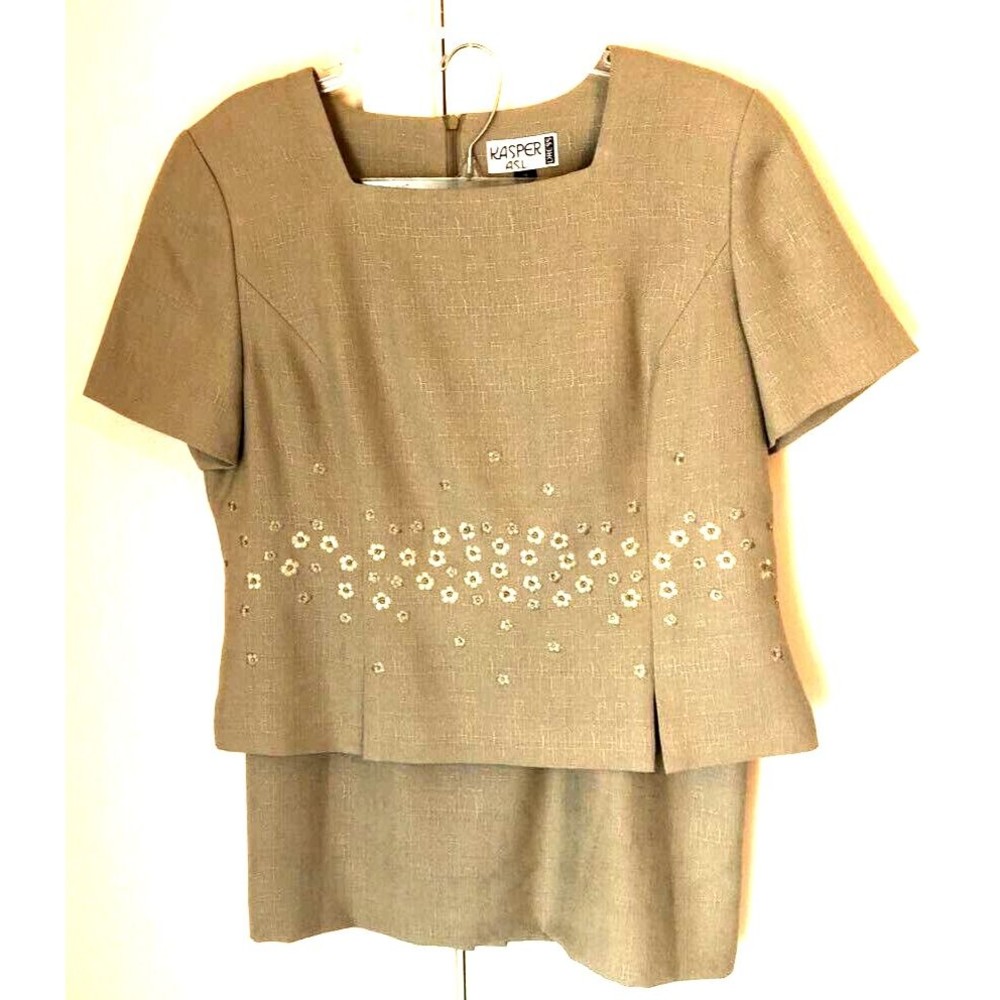 Kasper Women 2 Piece Top Skirt Set Olive Green Floral Embroidered Square Neck 16